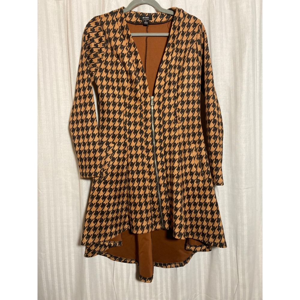 Privy Brown Black Houndstooth Zip Front High Low Coat Jacket Womens L Equestrian